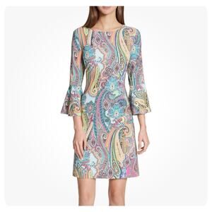 Tommy Hilfiger Women Dress 10 Large Blue Pink Paisley A Line Dress New NWT